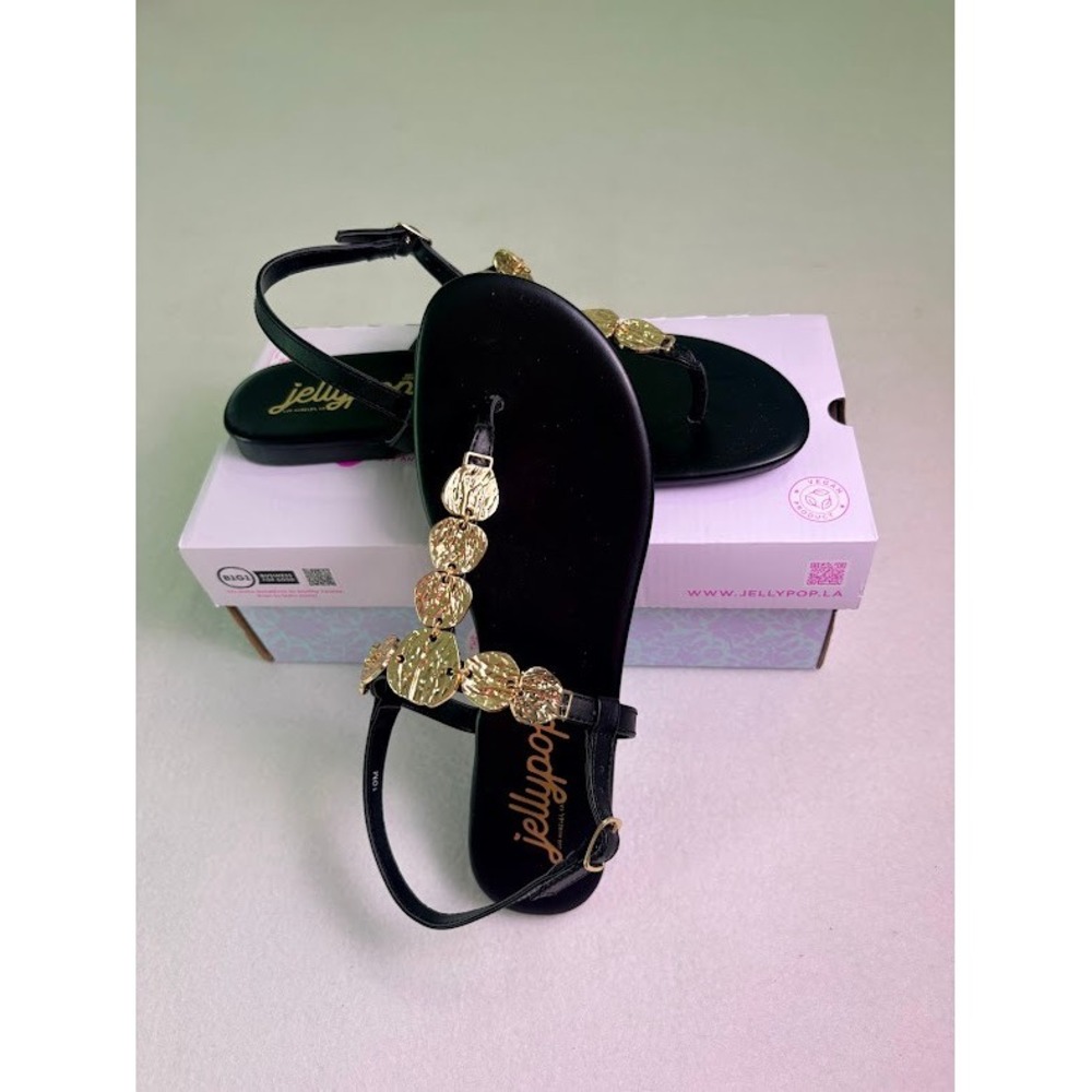 Jellypop Asati Sandals Women 10 Black Gold Coin T-Strap Vegan Ankle Strap NEW